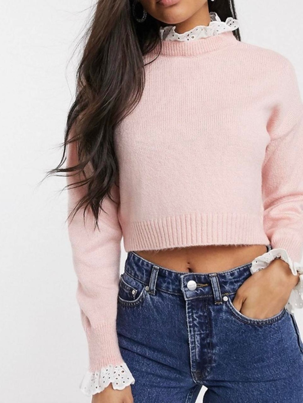River Island- Soft Pink Cropped Knit Sweater With Broderie Collar&Cuffs Size:8